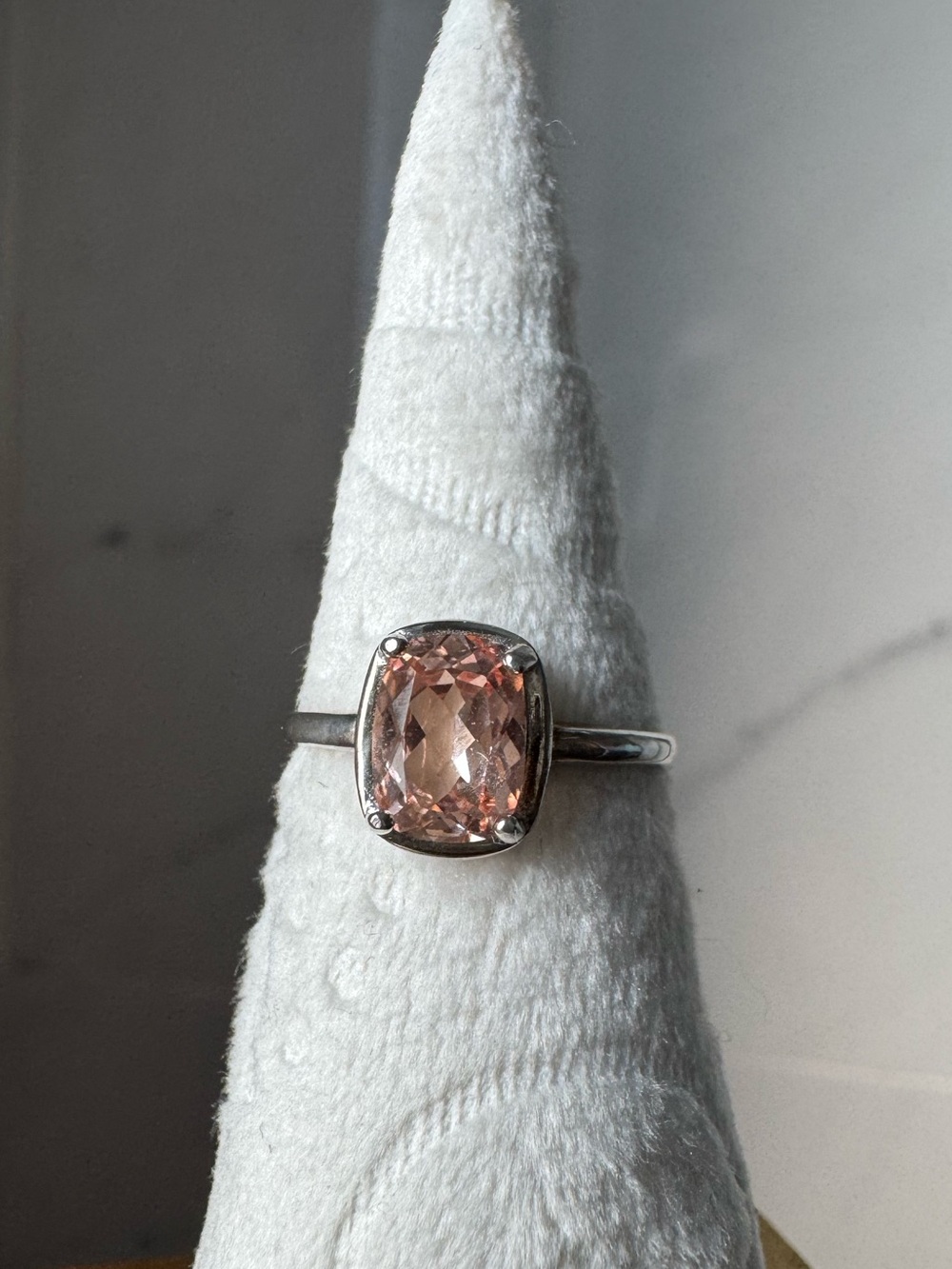Morganite silver ring bezel set look radiant checkerboard cut 6 s925 pink peach